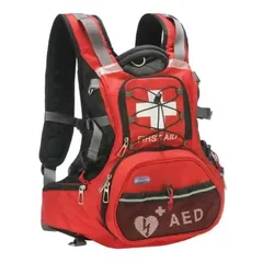 Red HeartSine Samaritan AED backpack with reflective trim