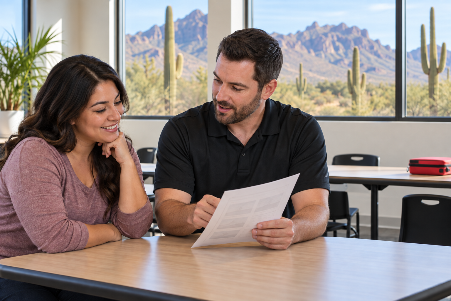 An instructor helps an adult learner compare CPR course options in an Arizona classroom.