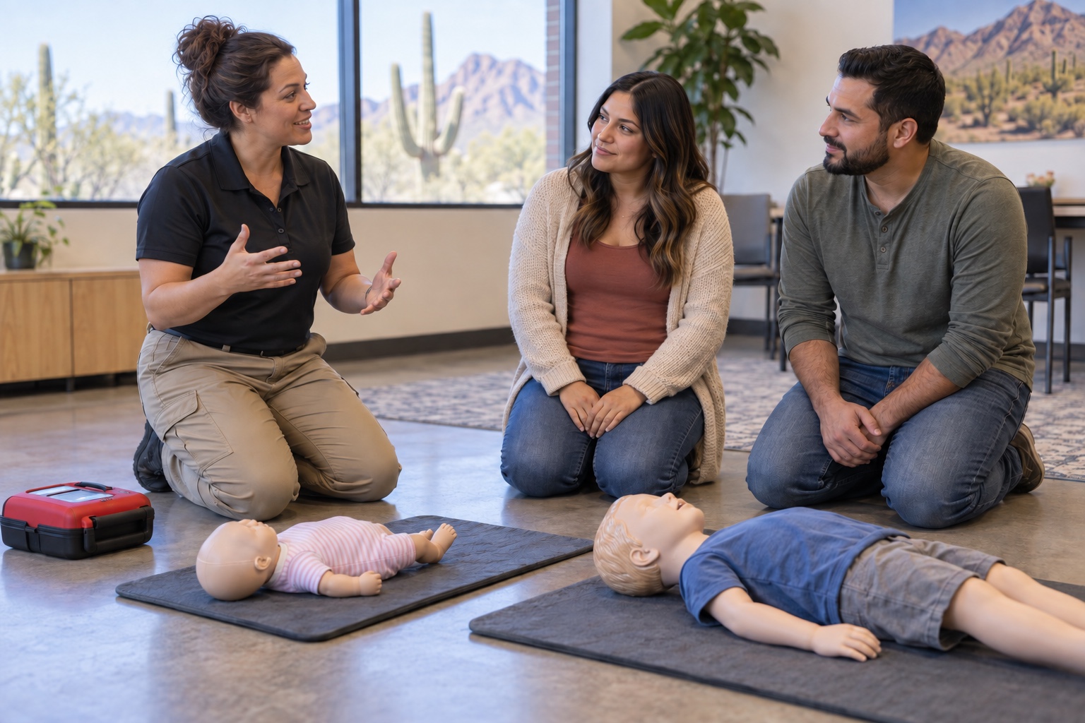 Two prospective foster parents listen to a CPR instructor beside infant and child training manikins.