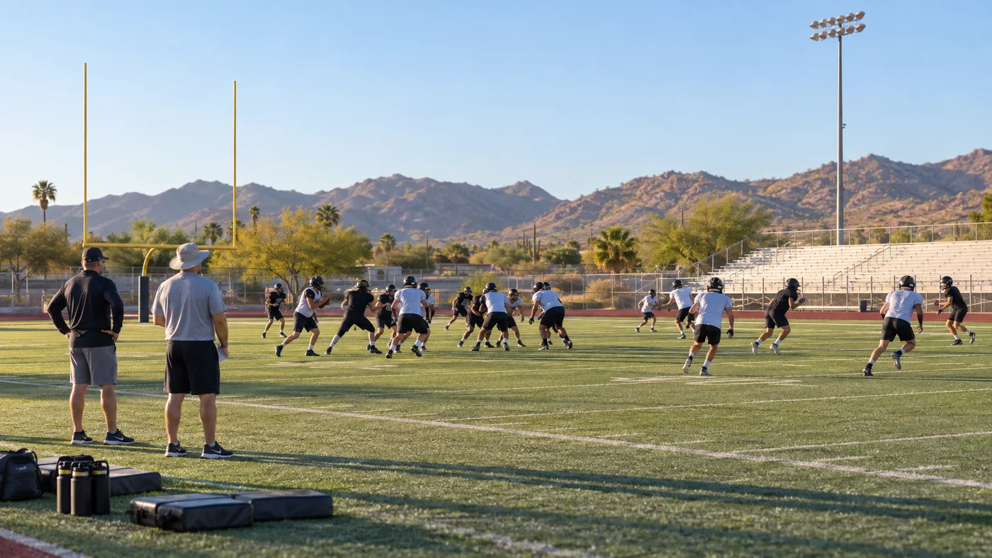High-school football players practice on an Arizona field while coaches supervise from the sideline.