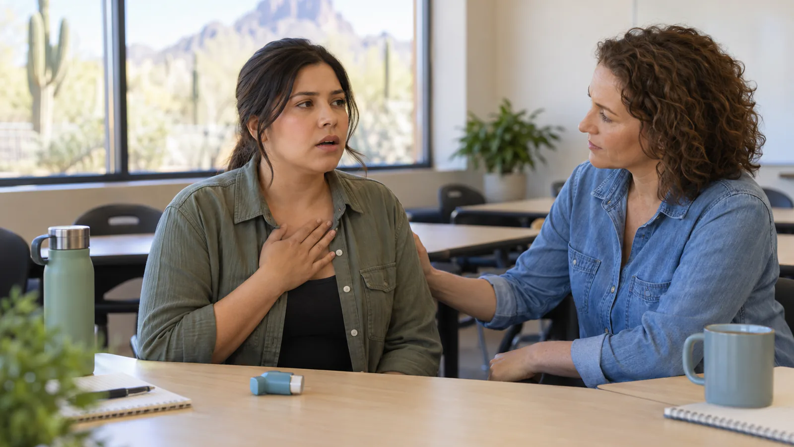 A calm helper supports an alert seated woman experiencing asthma symptoms in a bright classroom.