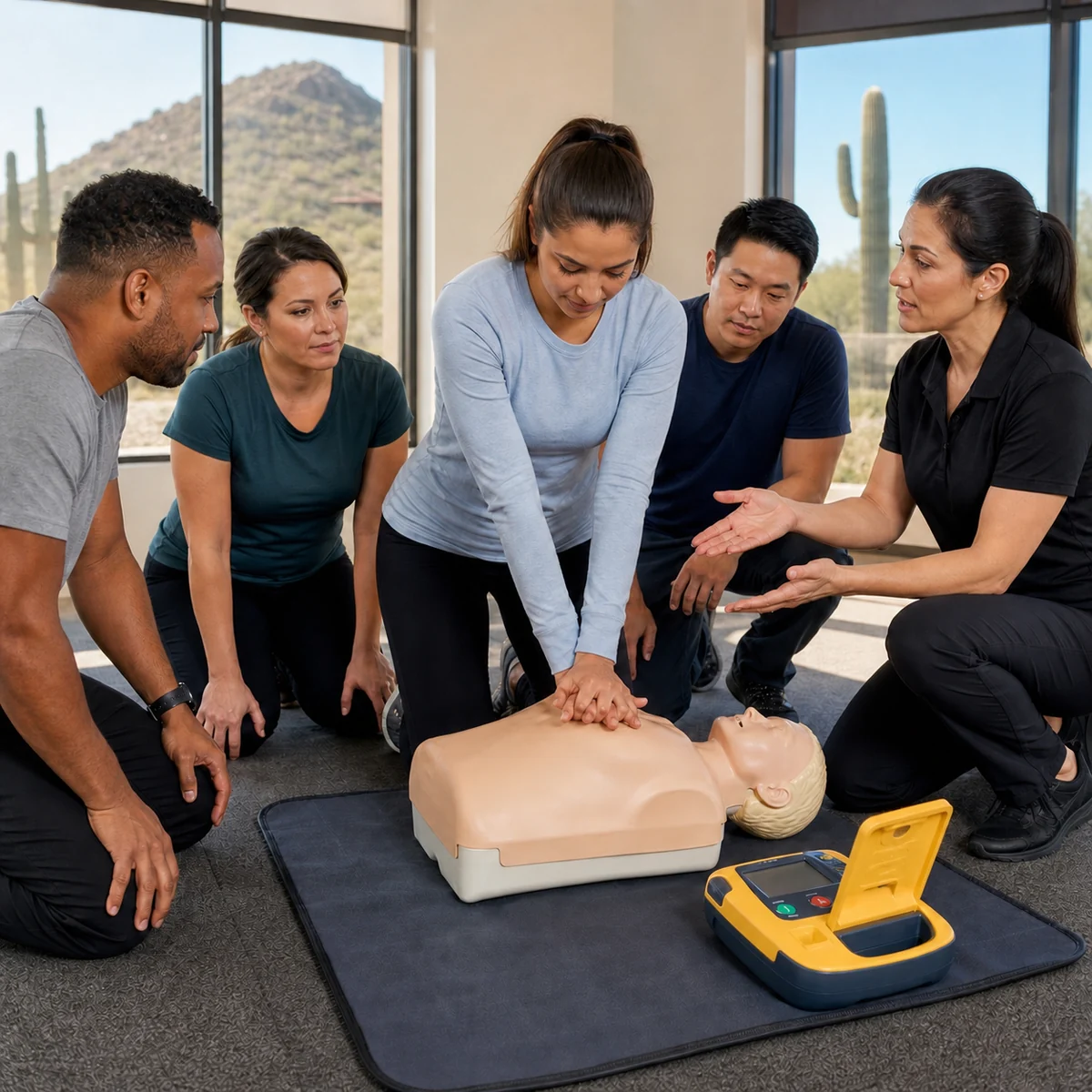 Illustrative CPR training scene with five adults, a manikin and a disconnected AED trainer