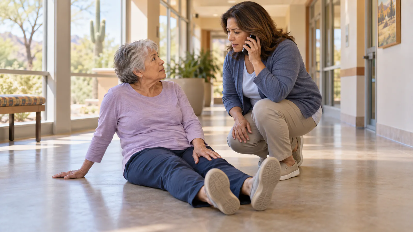 A calm helper calls for assistance beside an alert older woman seated on the floor after a fall.