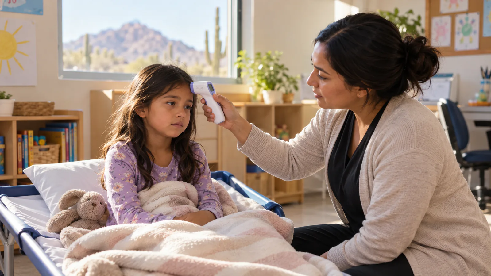 A caregiver checks an awake child's temperature with a digital forehead thermometer.