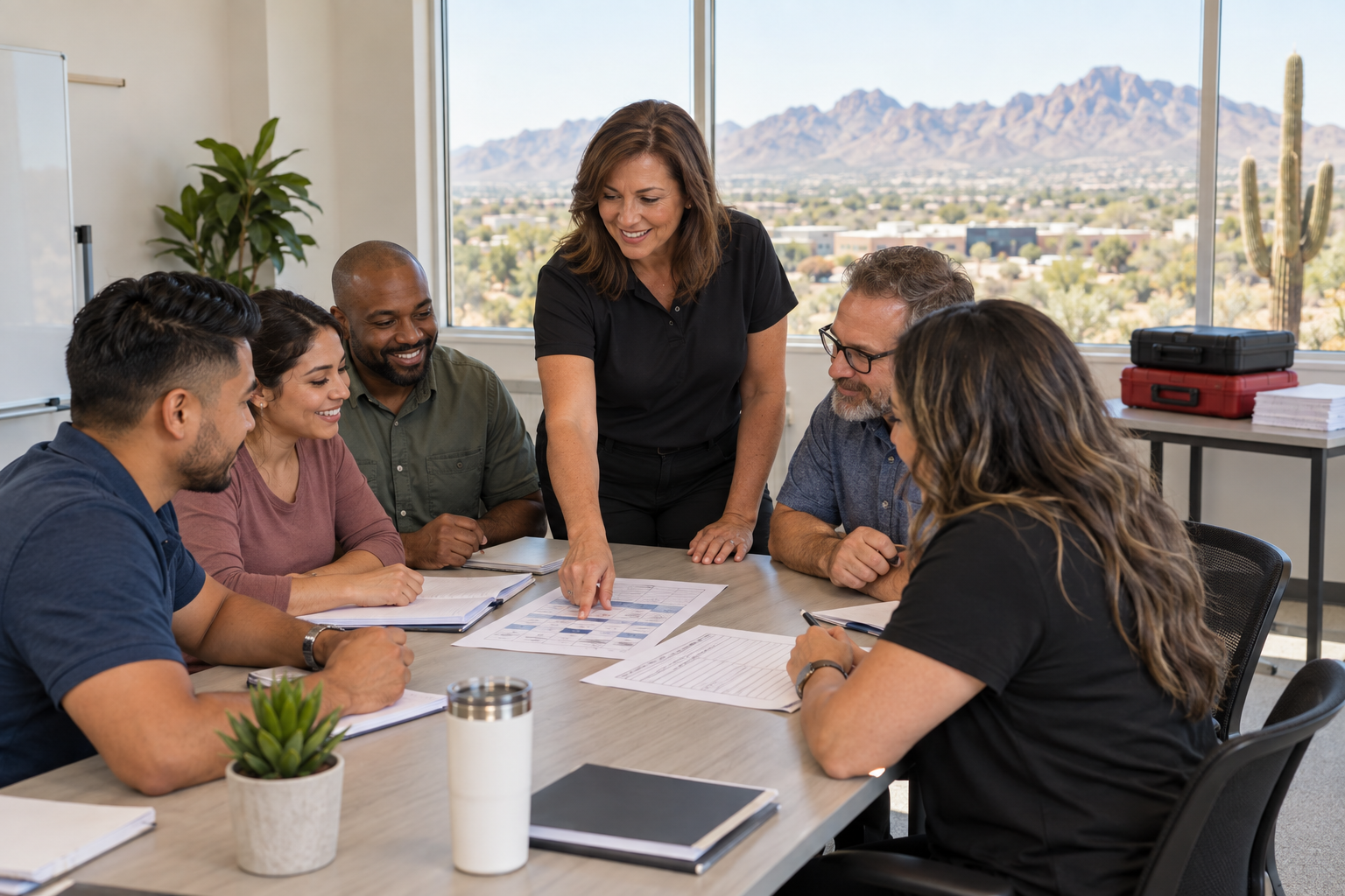 An instructor and Arizona workplace team review a roster and schedule for on-site CPR training.