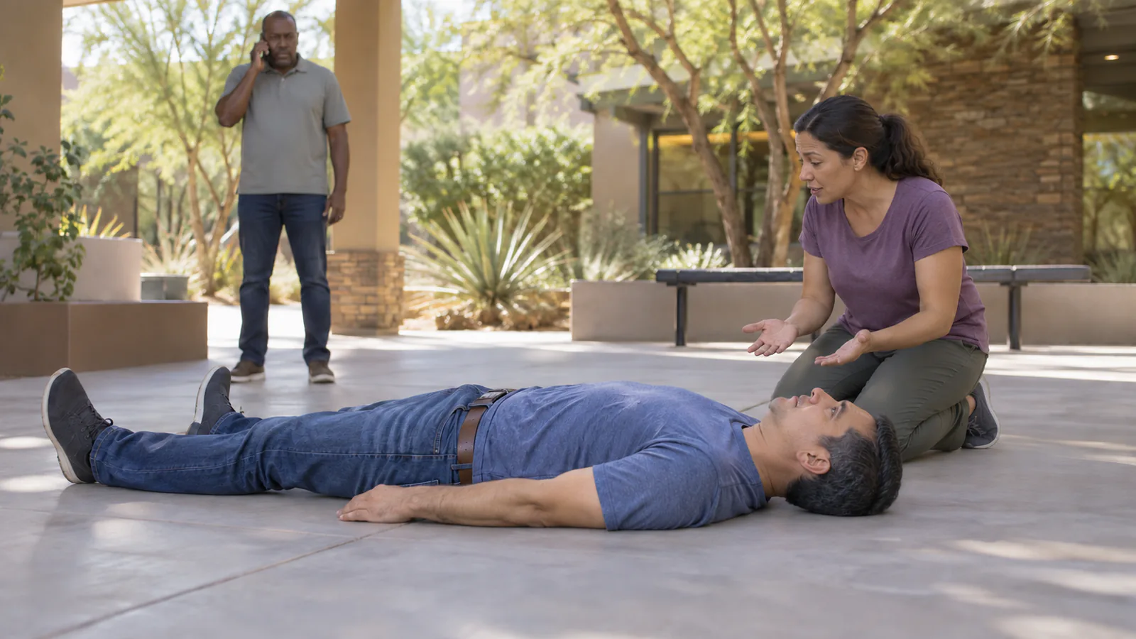 An awake man lies still and aligned after a fall while two helpers call and speak to him without moving him.