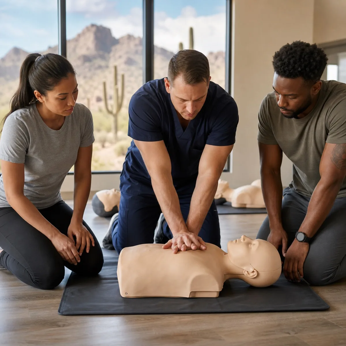 Illustrative CPR training scene with three adults and training manikins
