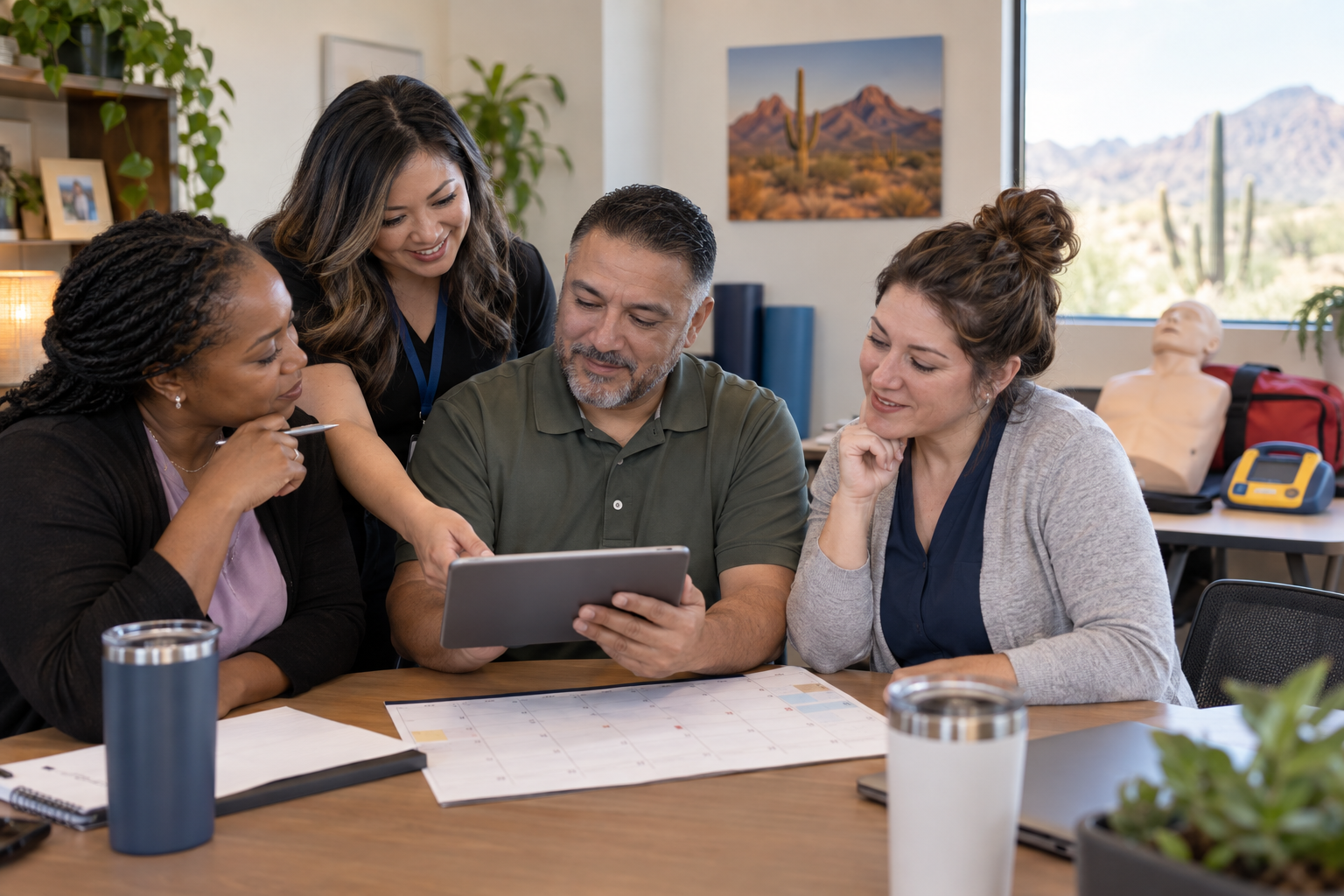 A home-health care team reviews CPR certification dates together in an Arizona training room.