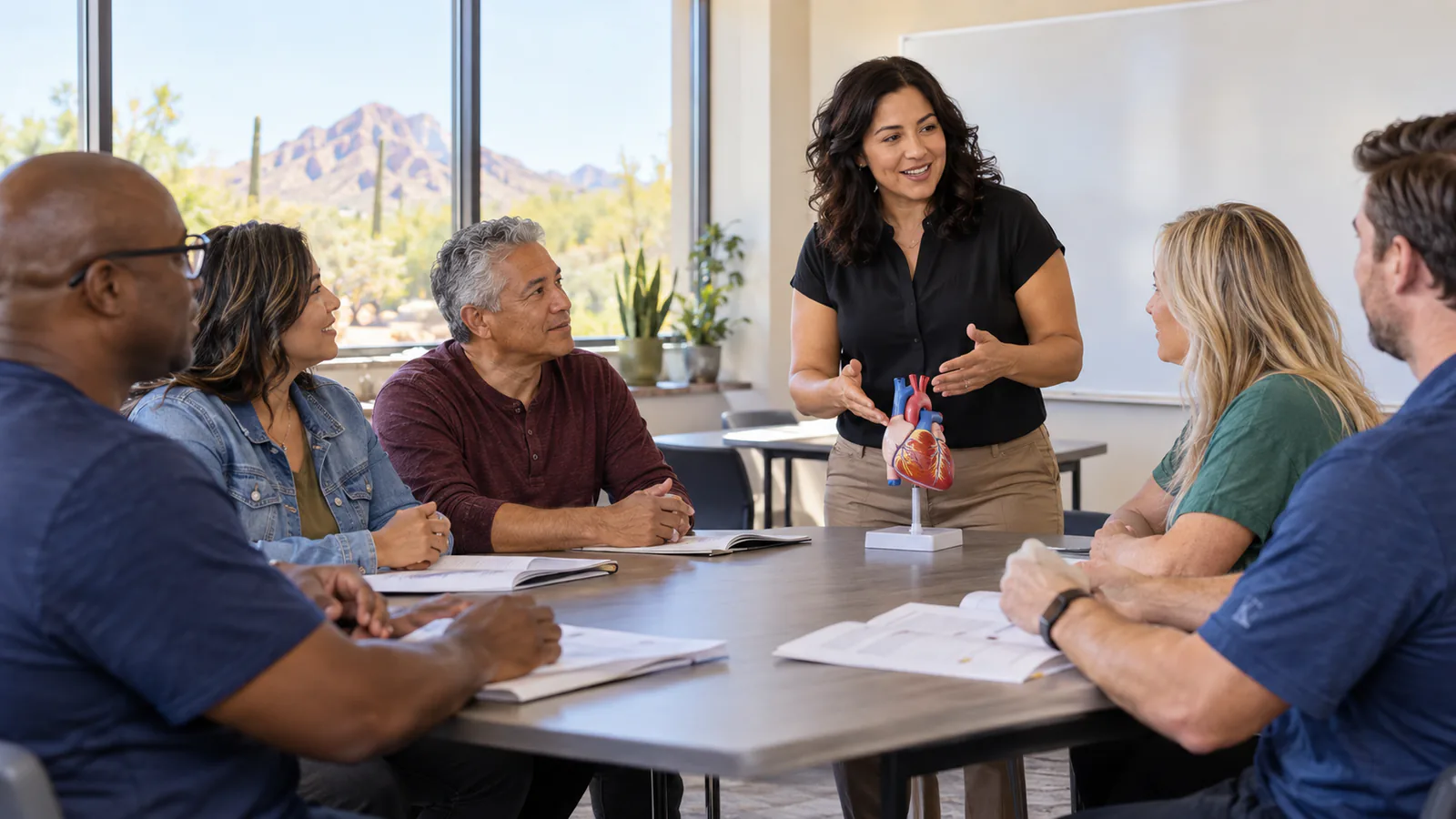 Adult students participate in a CPR education discussion around a classroom table.