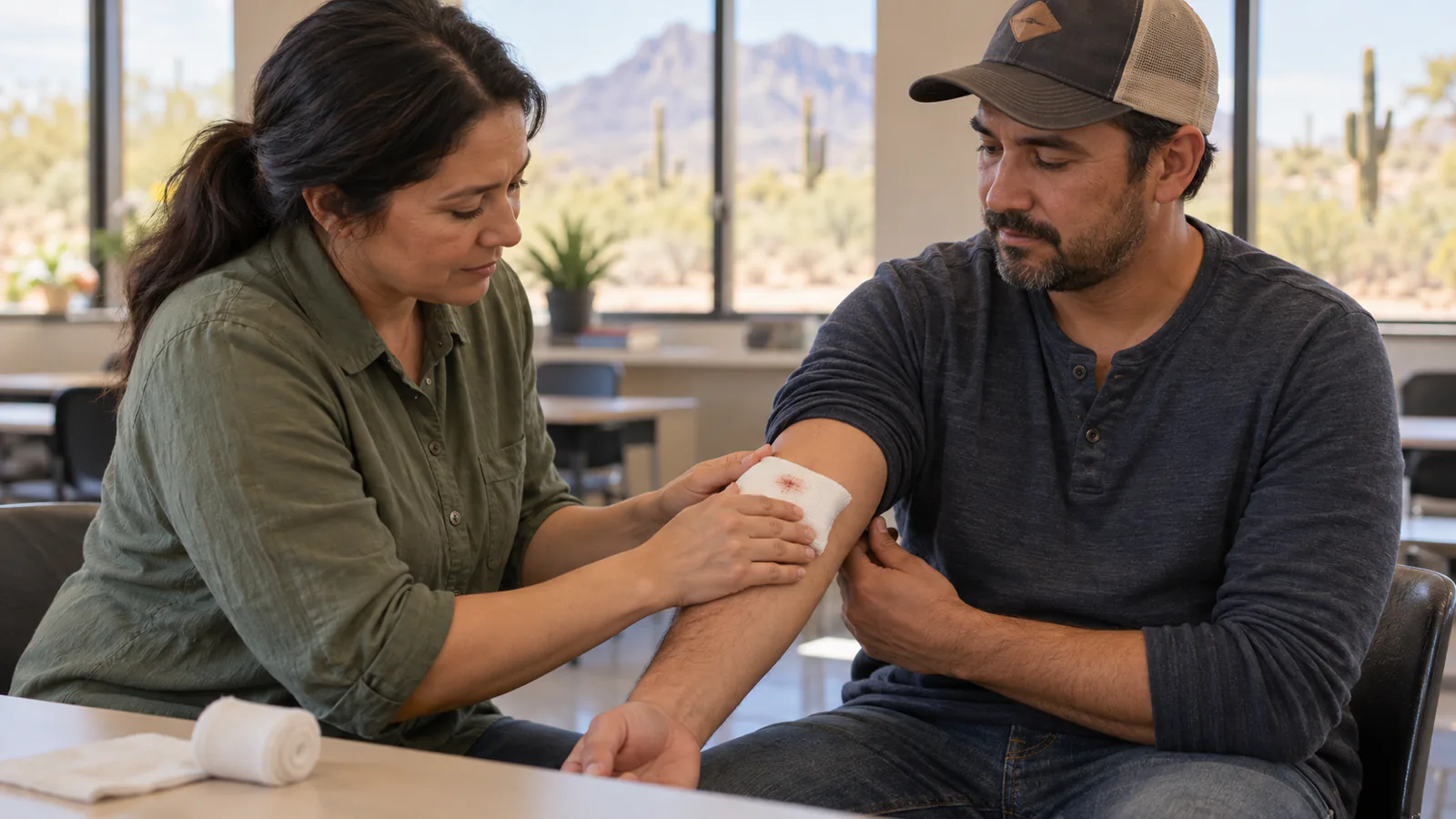 A calm helper holds clean gauze over a seated man's forearm with a small non-graphic blood spot visible.