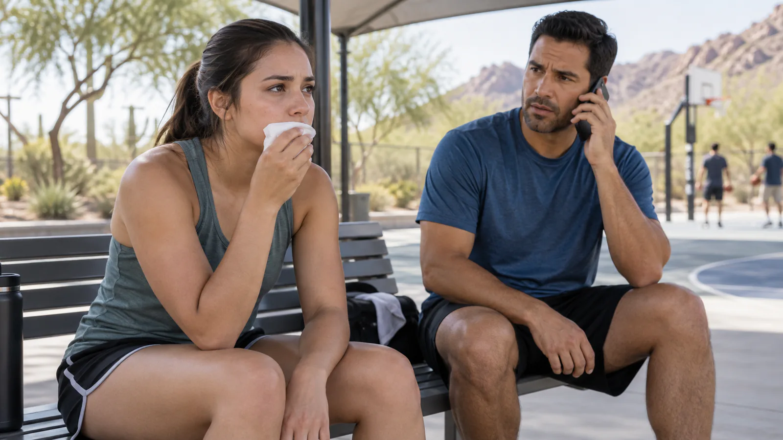 An awake athlete holds clean gauze to the mouth while a helper calls for advice.