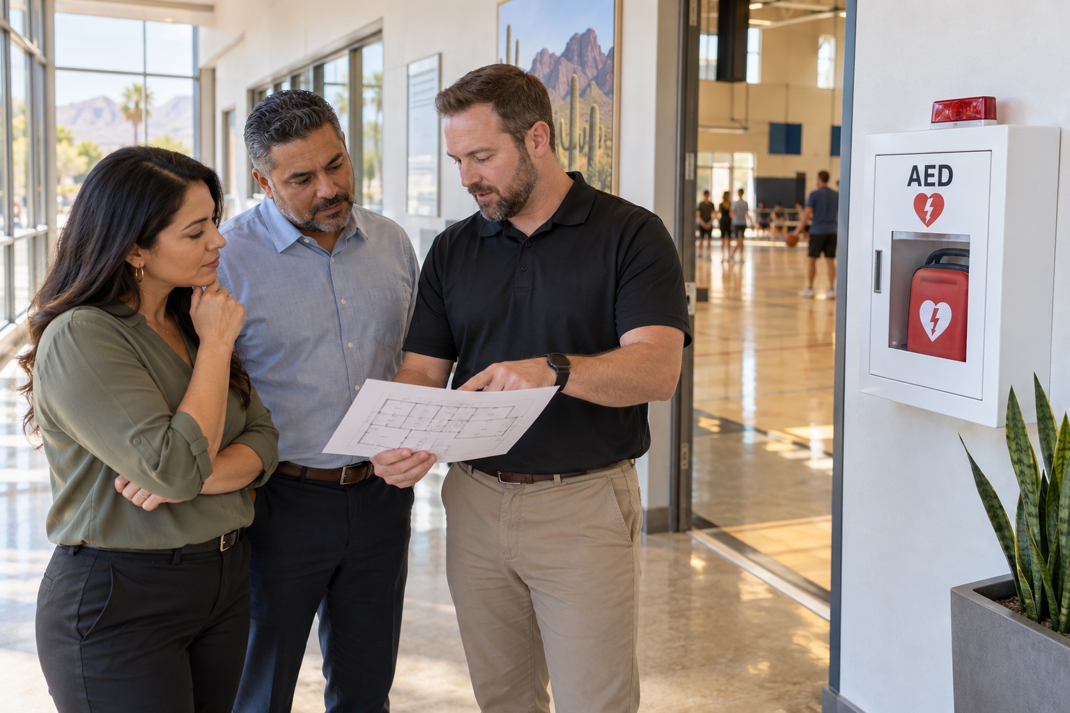 Three organization leaders review a facility plan beside a visible wall-mounted AED cabinet.