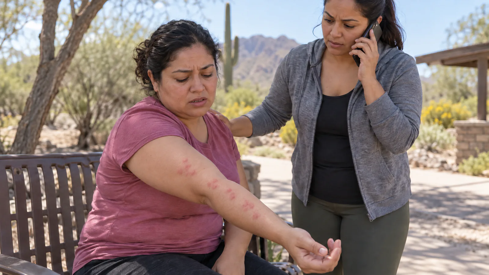An alert woman shows moderate hives on her forearm while another woman calls for help in an Arizona park.