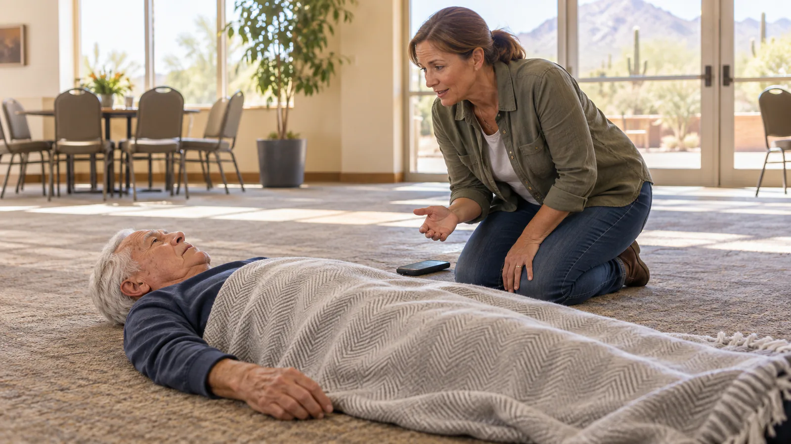 A helper reassures an awake older man lying flat under a blanket while calling for assistance.