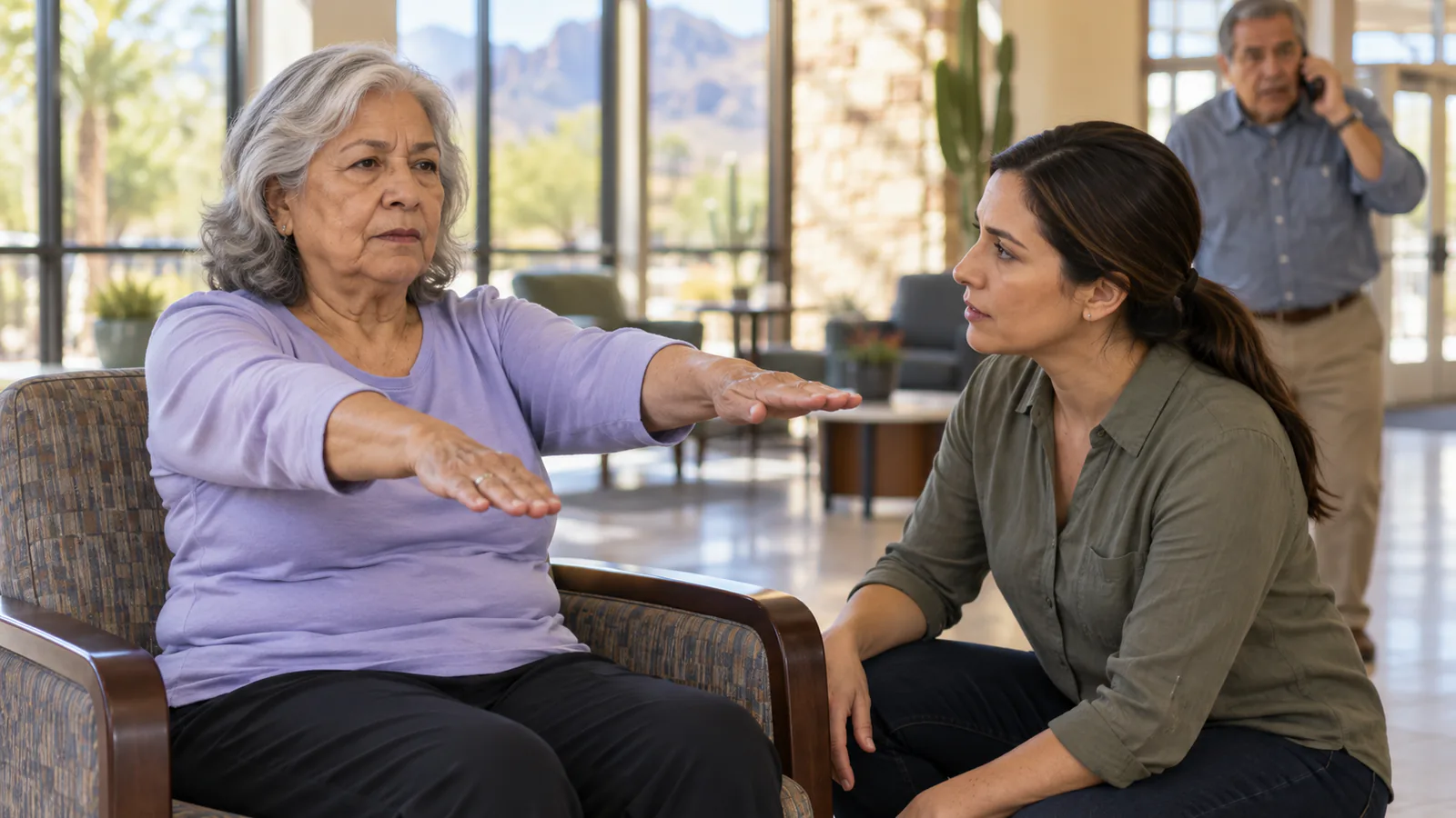 A helper observes subtle arm drift in an awake older woman while another adult calls for assistance.