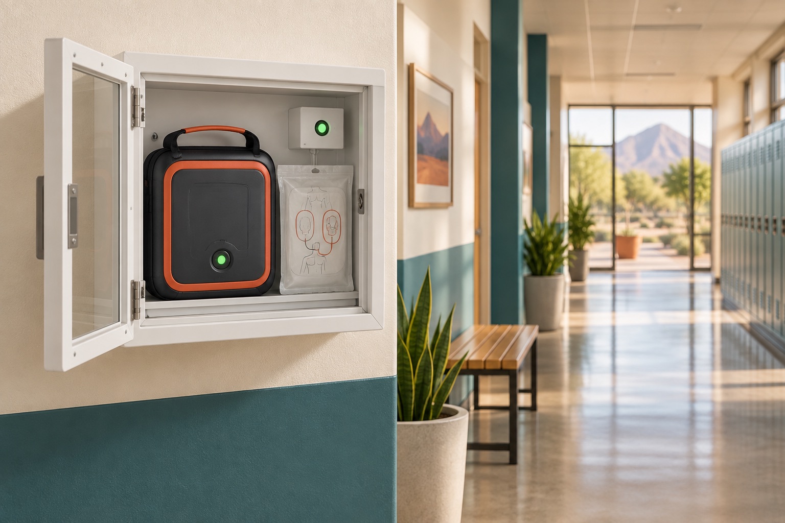 A ready AED and sealed electrode pads sit inside an open wall cabinet in a bright school hallway.