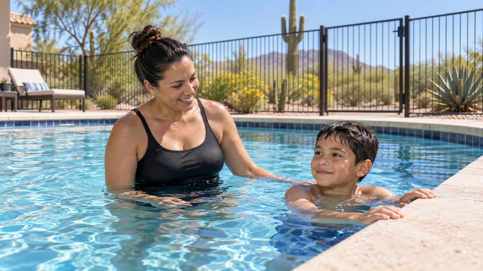 An attentive adult supervises a child holding the edge of a fenced Arizona pool.